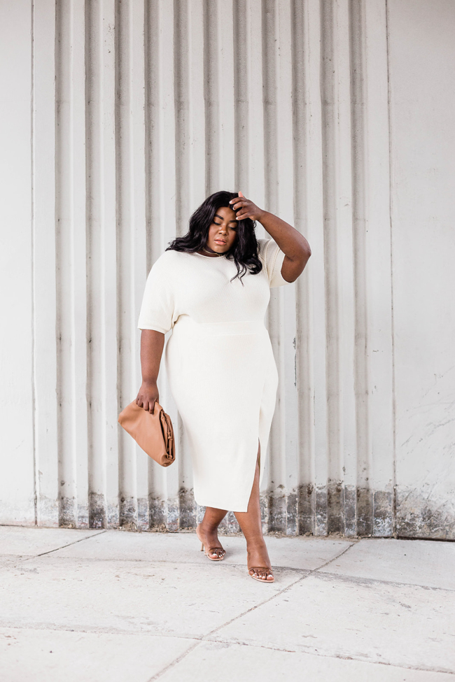 Anthropologie, Plus Size Fashion, All White Outfit, Musings of a Curvy Lady, Saturday/Sunday, Cozy Dress, Cozy Sweater Set, Dumpling Bag, Amazon Fashion, Steve Madden Loft Heels