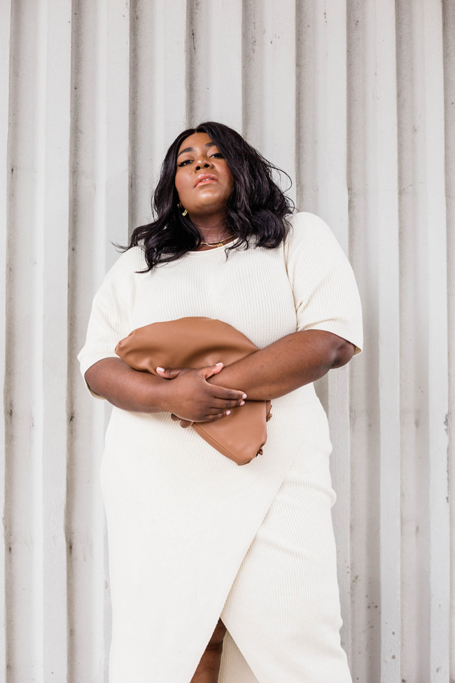 Anthropologie, Plus Size Fashion, All White Outfit, Musings of a Curvy Lady, Saturday/Sunday, Cozy Dress, Cozy Sweater Set, Dumpling Bag, Amazon Fashion, Steve Madden Loft Heels