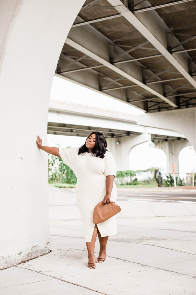 Anthropologie, Plus Size Fashion, All White Outfit, Musings of a Curvy Lady, Saturday/Sunday, Cozy Dress, Cozy Sweater Set, Dumpling Bag, Amazon Fashion, Steve Madden Loft Heels