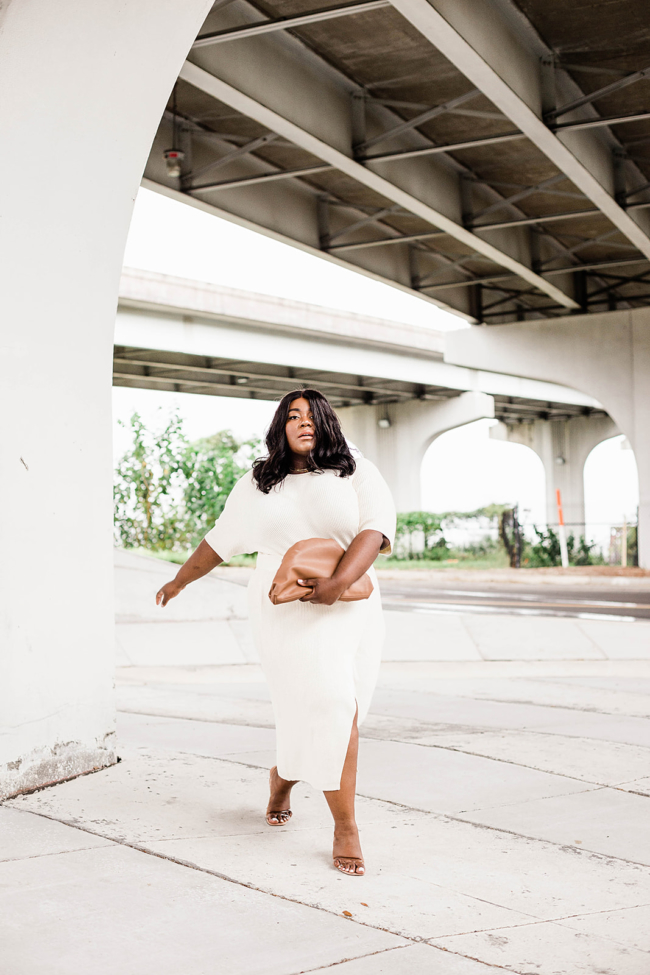 Anthropologie, Plus Size Fashion, All White Outfit, Musings of a Curvy Lady, Saturday/Sunday, Cozy Dress, Cozy Sweater Set, Dumpling Bag, Amazon Fashion, Steve Madden Loft Heels