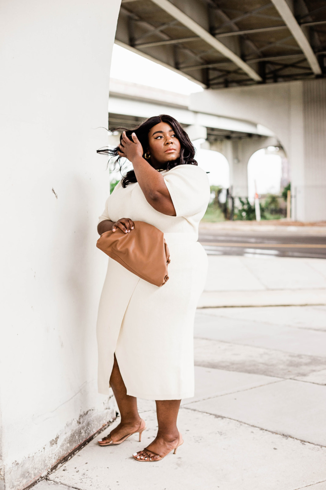 Anthropologie, Plus Size Fashion, All White Outfit, Musings of a Curvy Lady, Saturday/Sunday, Cozy Dress, Cozy Sweater Set, Dumpling Bag, Amazon Fashion, Steve Madden Loft Heels