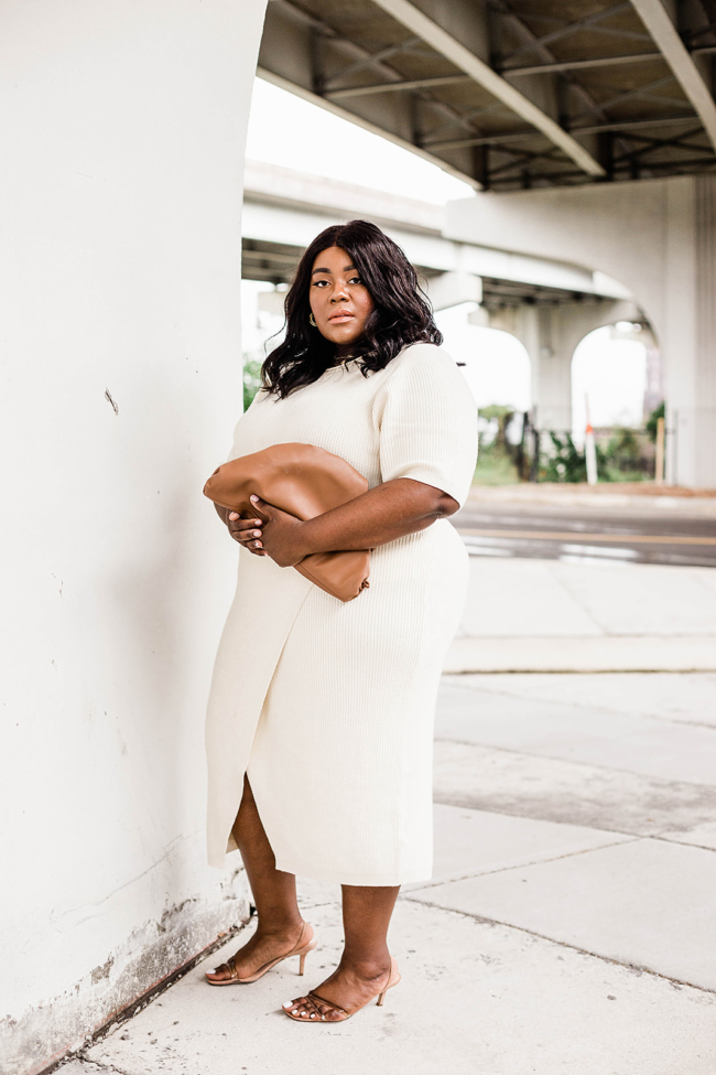 Anthropologie, Plus Size Fashion, All White Outfit, Musings of a Curvy Lady, Saturday/Sunday, Cozy Dress, Cozy Sweater Set, Dumpling Bag, Amazon Fashion, Steve Madden Loft Heels