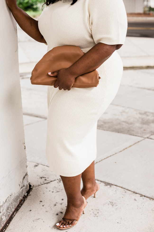 Anthropologie, Plus Size Fashion, All White Outfit, Musings of a Curvy Lady, Saturday/Sunday, Cozy Dress, Cozy Sweater Set, Dumpling Bag, Amazon Fashion, Steve Madden Loft Heels