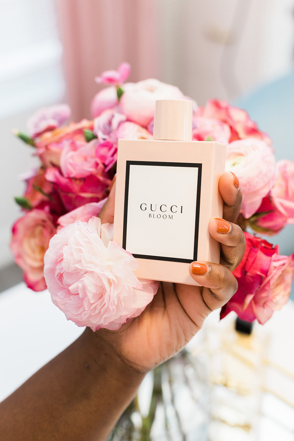 Gucci Bloom Perfume, Floral Bouquet, Pink Peonies, Pink Ranunculus, Perfume collection