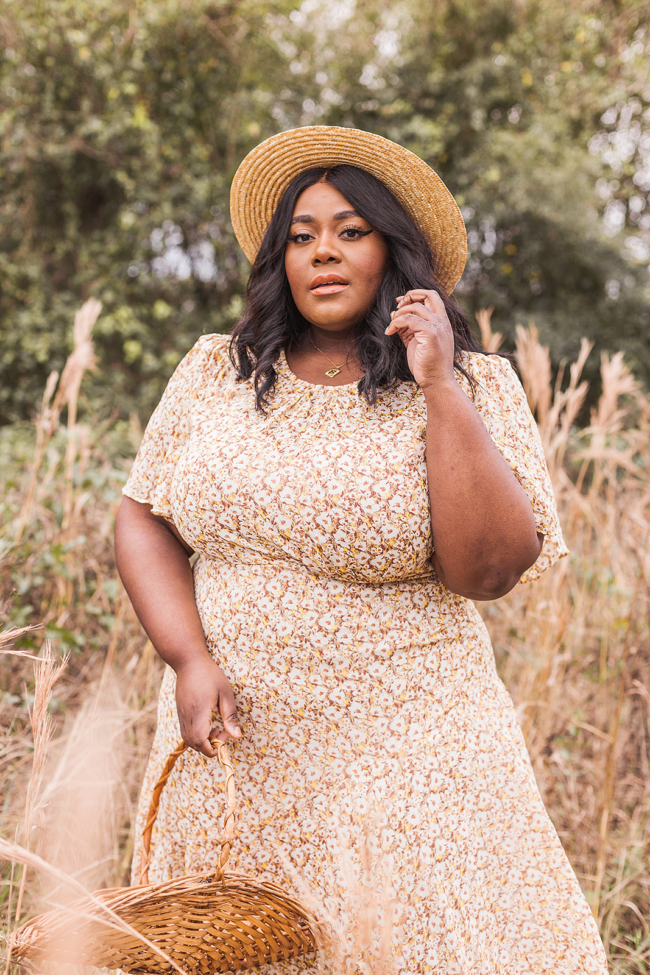 ASTR the Label Floral Print Dress, Nordstrom, Gathering Basket, Lack of Color Spencer Terracotta Boater Hat, Halogen Suede Booties, Plus Size Fashion, Wheat Field Photoshoot, Plus Size Model