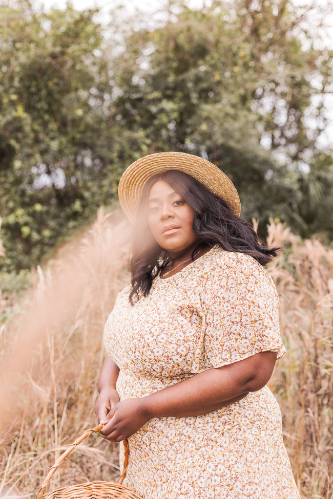 ASTR the Label Floral Print Dress, Nordstrom, Gathering Basket, Lack of Color Spencer Terracotta Boater Hat, Halogen Suede Booties, Plus Size Fashion, Wheat Field Photoshoot, Plus Size Model