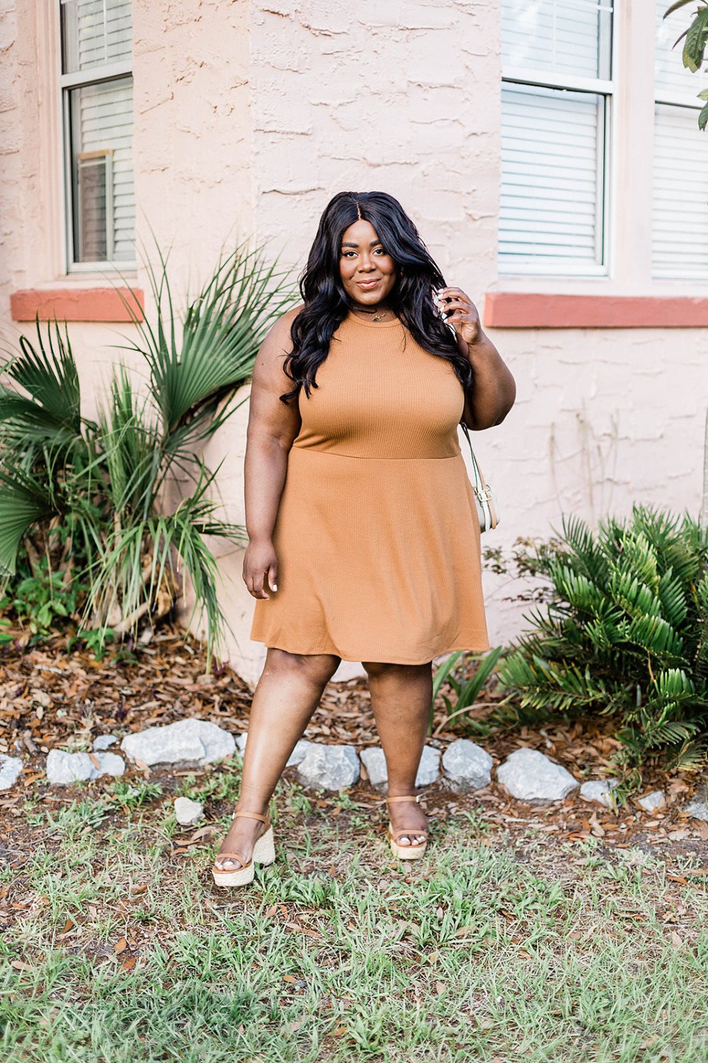 Black girl wearing nordstrom BP. sleeveless knit dress.  Black woman modeling.  Black woman smiling