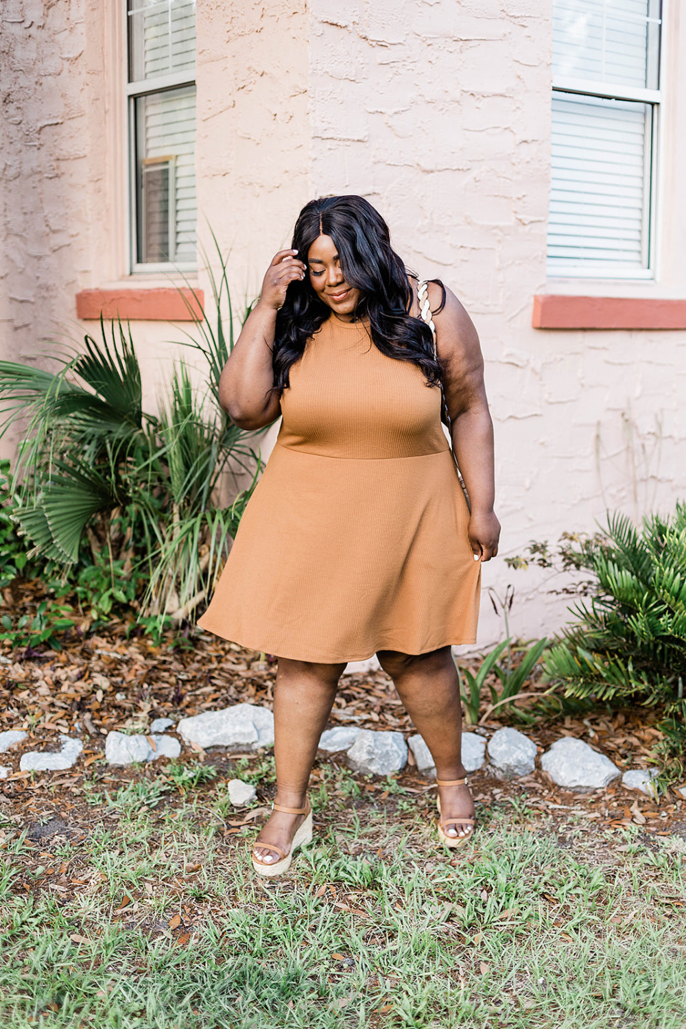 Black girl wearing nordstrom BP. sleeveless knit dress.  Black woman modeling.  Black woman smiling