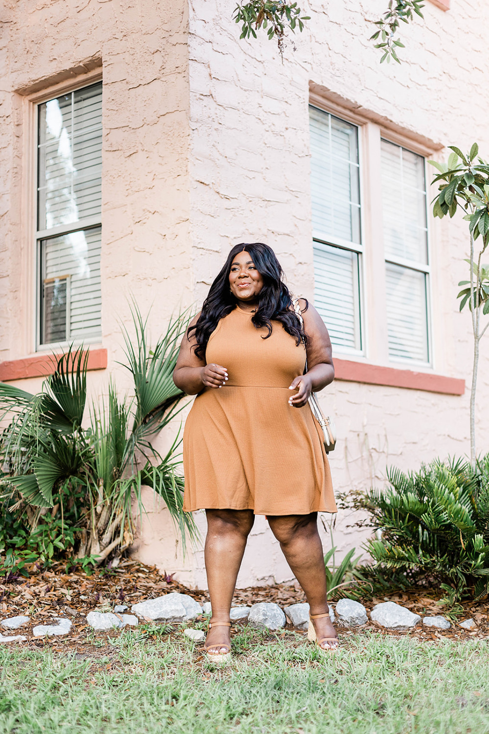 Black girl wearing nordstrom BP. sleeveless knit dress.  Black woman modeling.  Black woman smiling