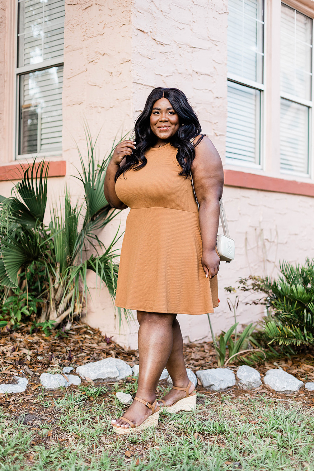 Black girl wearing nordstrom BP. sleeveless knit dress.  Black woman modeling.  Black woman smiling