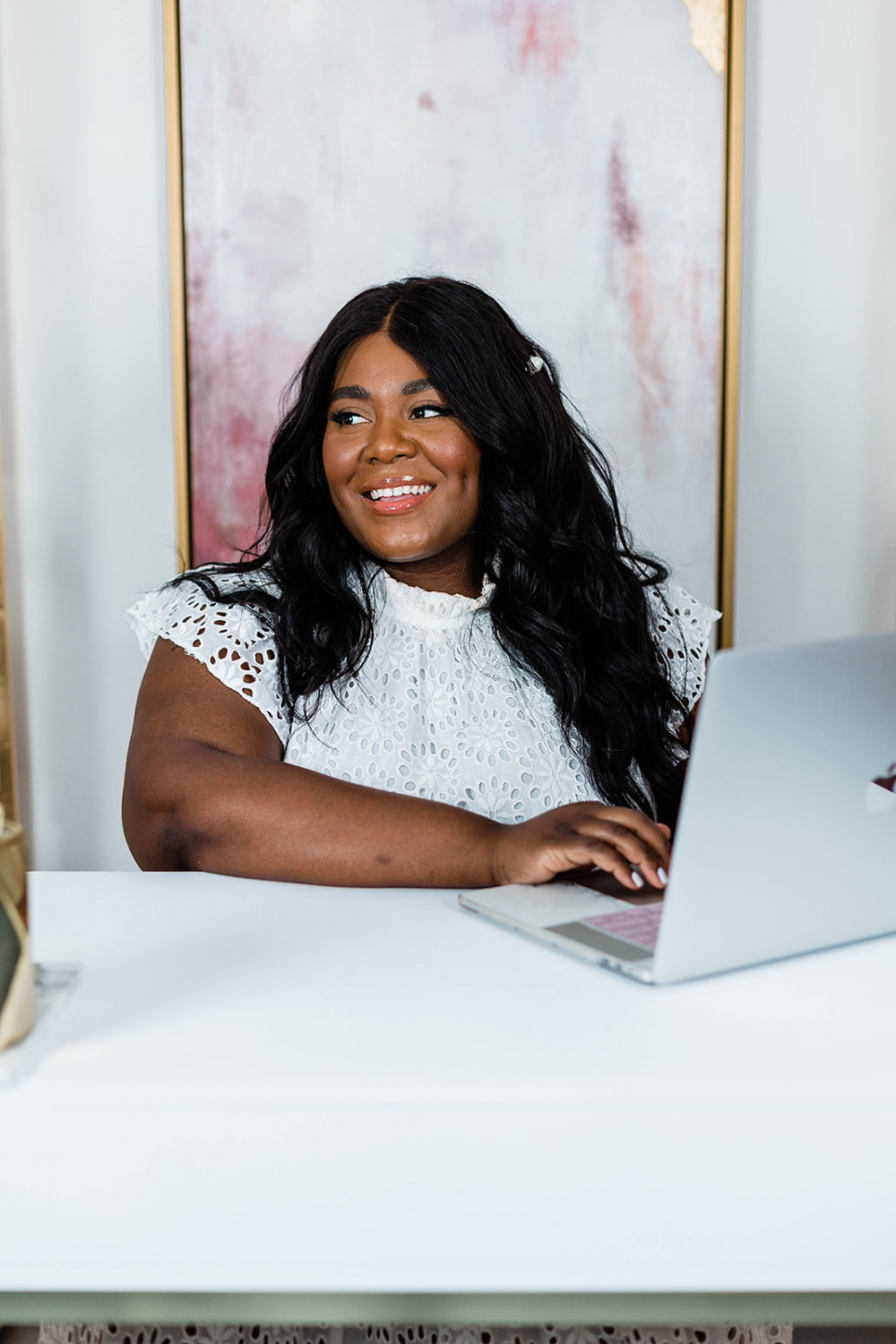 New Website, Smash Creative, Boho Blush Web Design, Musings of a Curvy Lady, Eloquii Puff Sleeve Dress, Cottage core, Plus Size cottage core dress, Black Woman On her Phone, Black Woman Shopping online, Black woman working in her home office smiling
