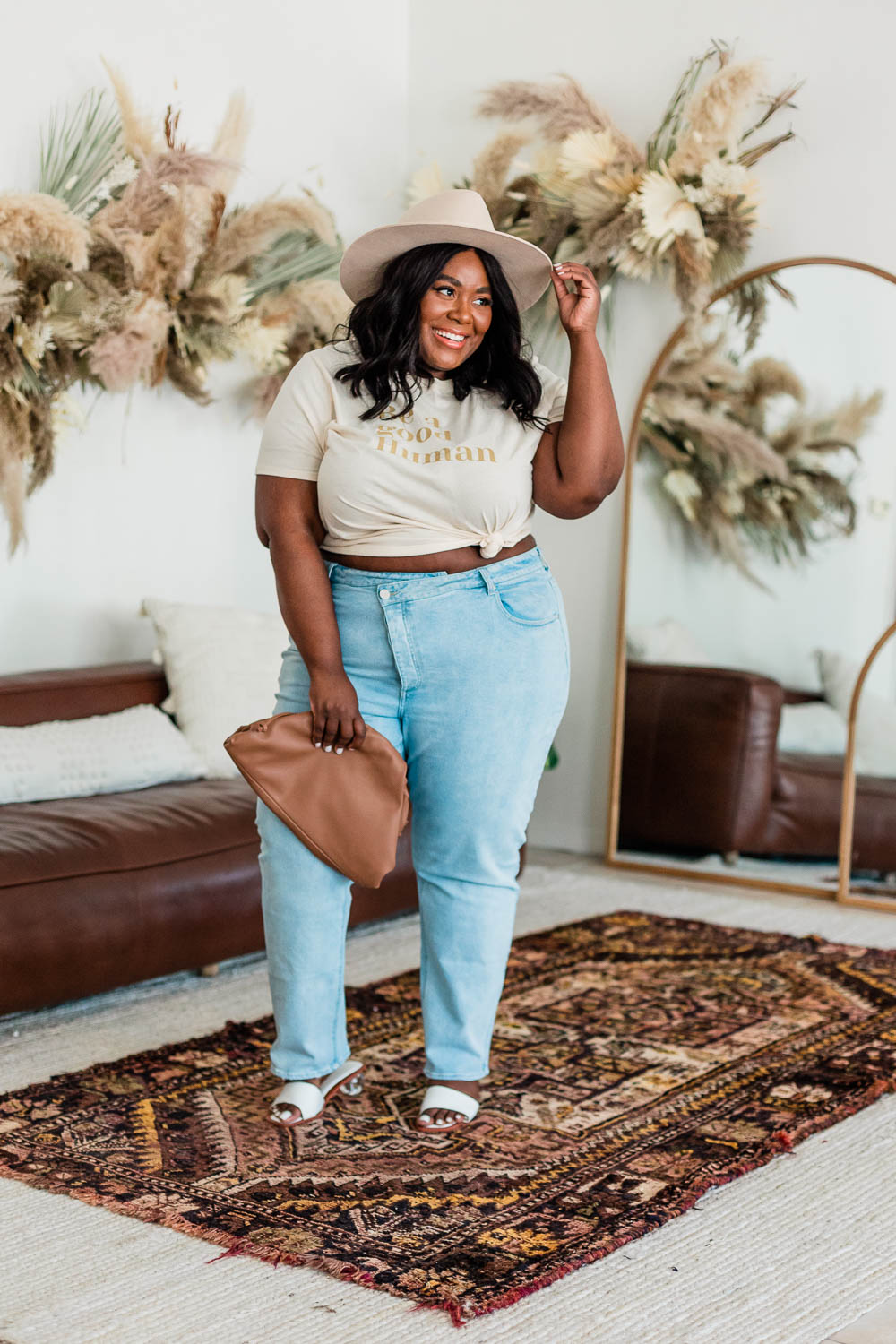 Forever 21 Plus Size Knit Bodysuit Tan, Forever 21 Plus Size Straight Leg Jean, Lack of Color Benson Tri-Beige, Dumplin Bag, Organic Cotton Graphic Tee Forever 21 Plus Size Be a Good Human