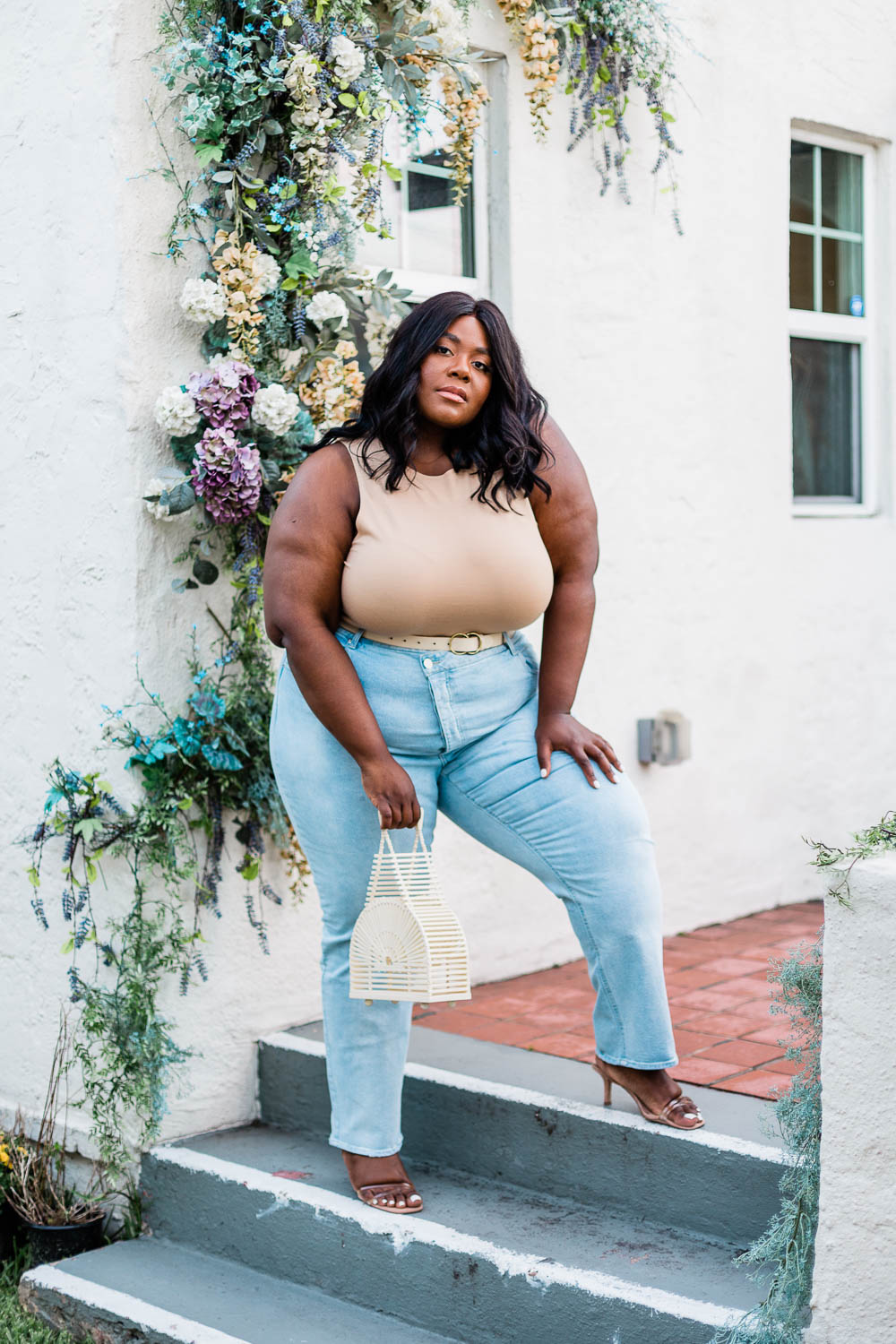 Forever 21 Plus Size Knit Bodysuit Tan, Forever 21 Plus Size Straight Leg Jean, Lack of Color Benson Tri-Beige, Steve Madden Loft Sandal, Cult Gaia Handheld Bag 