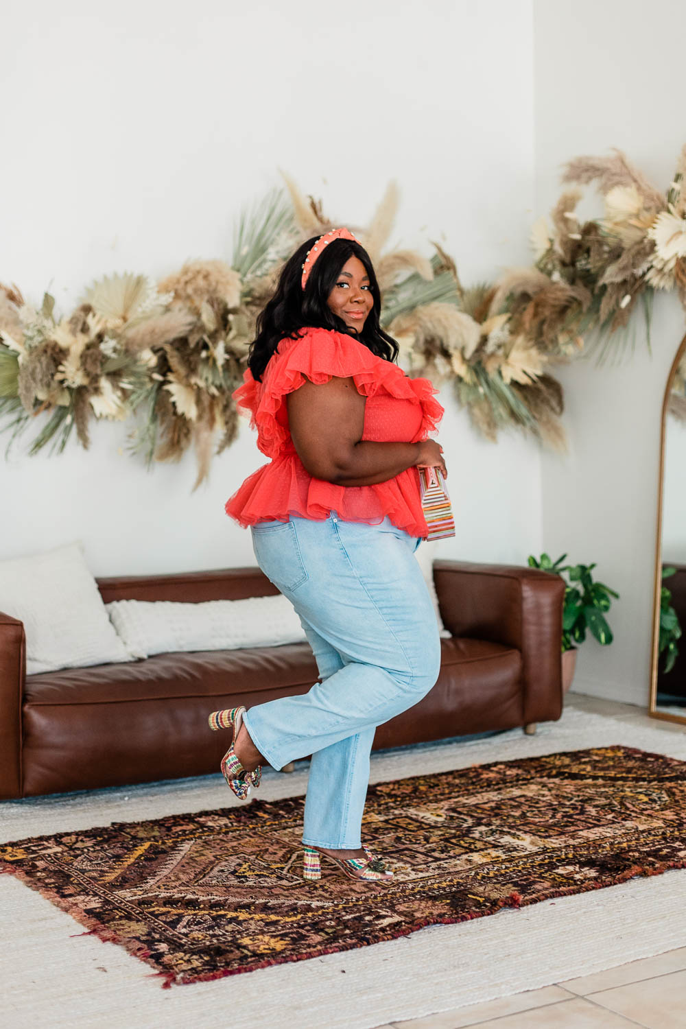 Anthropologie Pleated Tulle Blouse, Forever 21 Plus Size Straight Leg Jeans, Loeffler Randall Penny Bow Mules, Anthropologie Embellished Twist Knot Headband, Thamarr Musings of a Curvy Lady 