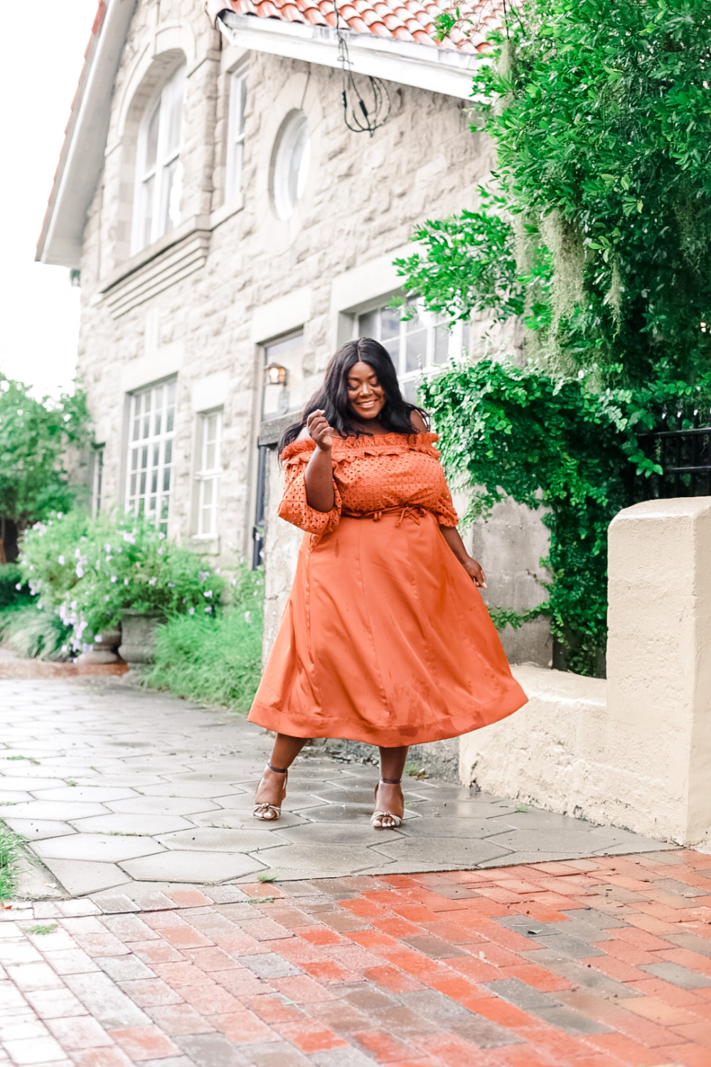 JCPenney Ryegrass Plus Womens Straight Neck 3/4 Sleeve Blouse Ryegrass Womens Midi A-Line Skirt-Plus Thamarr Musings of a Curvy Lady, Monochrome Fall Look, Terracotta Fall Outfit