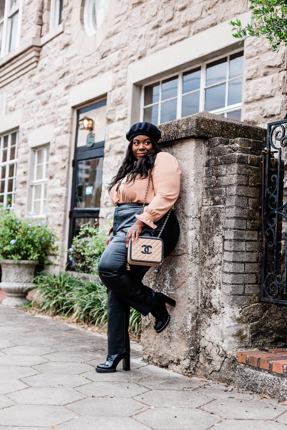 Paris, Parisian Inspired Outfit, Plus Size Fall Outfit, Faux Leather Pants, Plus Size Fashion, Eloquii, Chanel Caviar CC Vanity Case