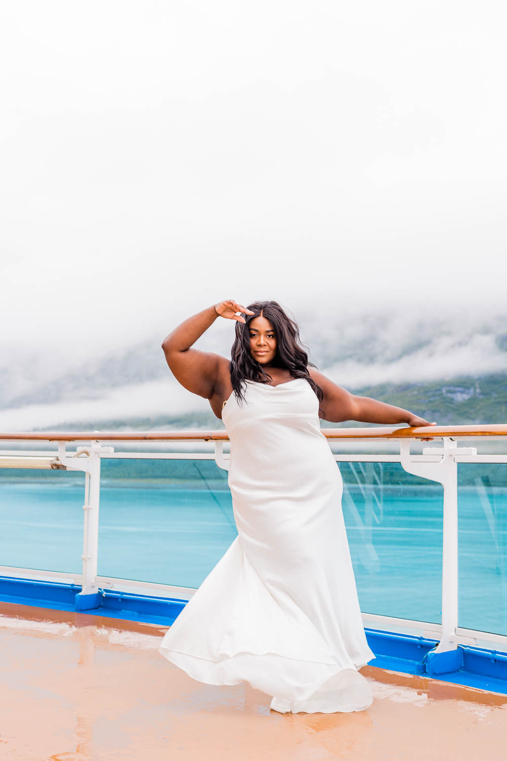 Cruise Wedding, Plus Size Wedding Dress, Destination Wedding, Princess Cruises, Alaska Cruise, Majestic Princess Alaskan Cruise, MedallionClass Cruise Ships, PNW, Black Women Traveling, Black Women Hiking, Glacier Bay National Park, Majorie Glacier